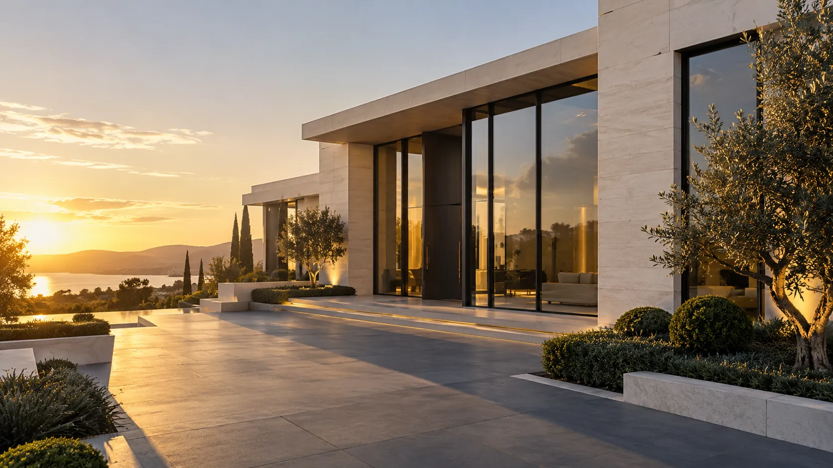 A modern façade at dusk