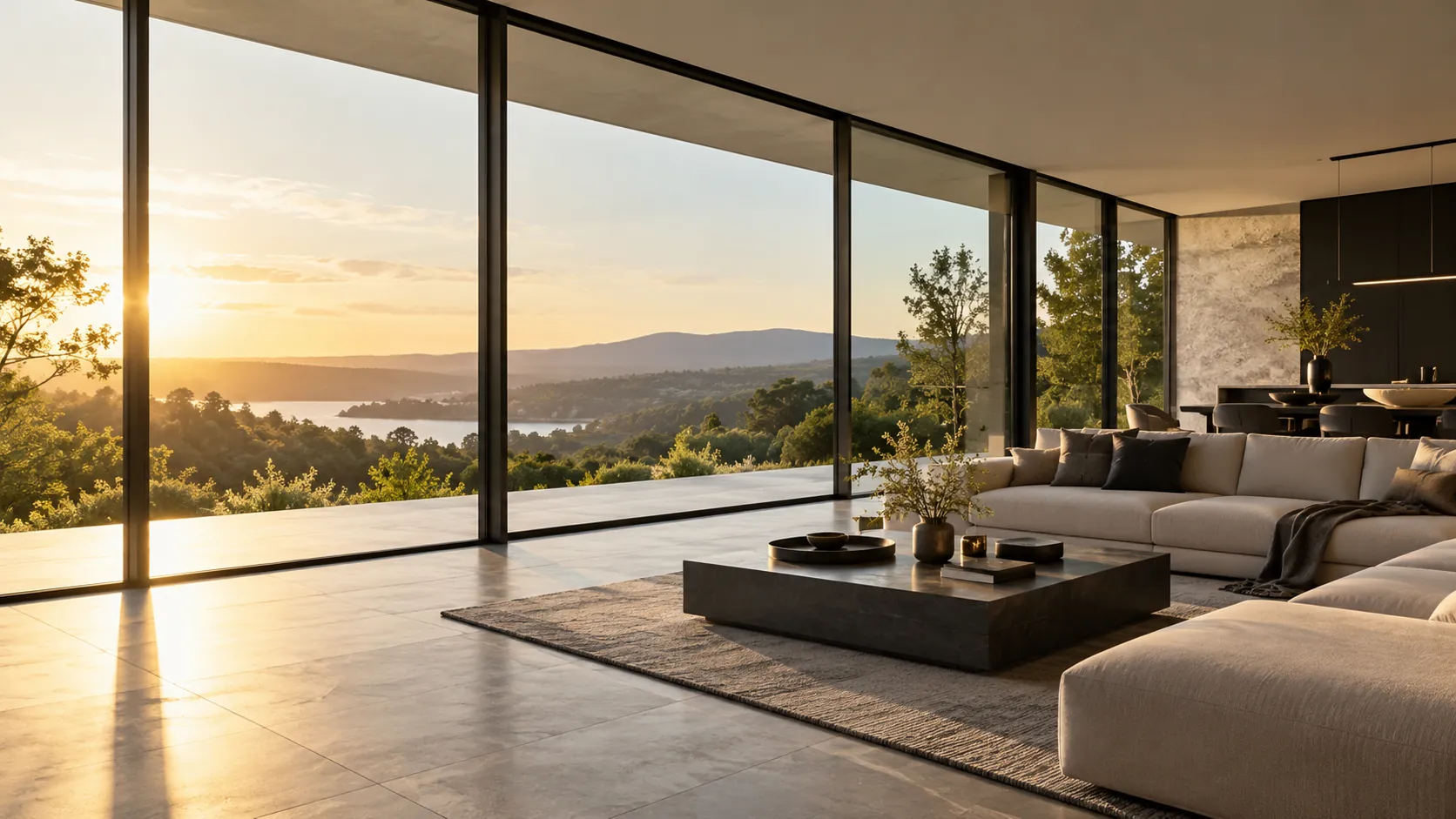 A living room with a wide glass wall at sunset