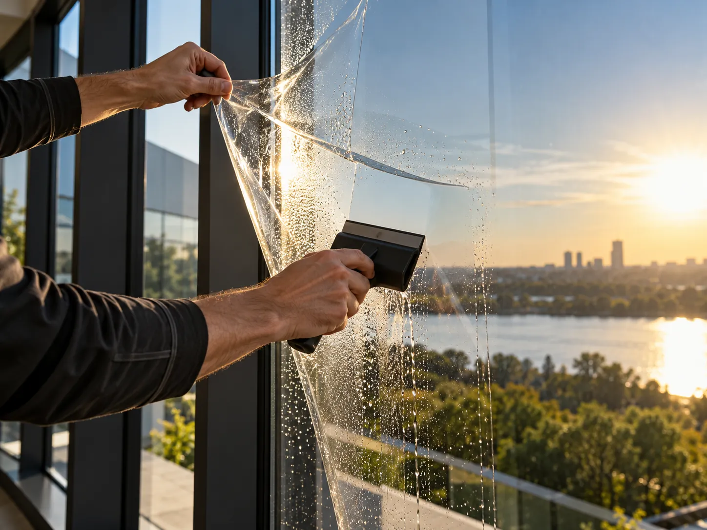 An installer applying film to tall glass