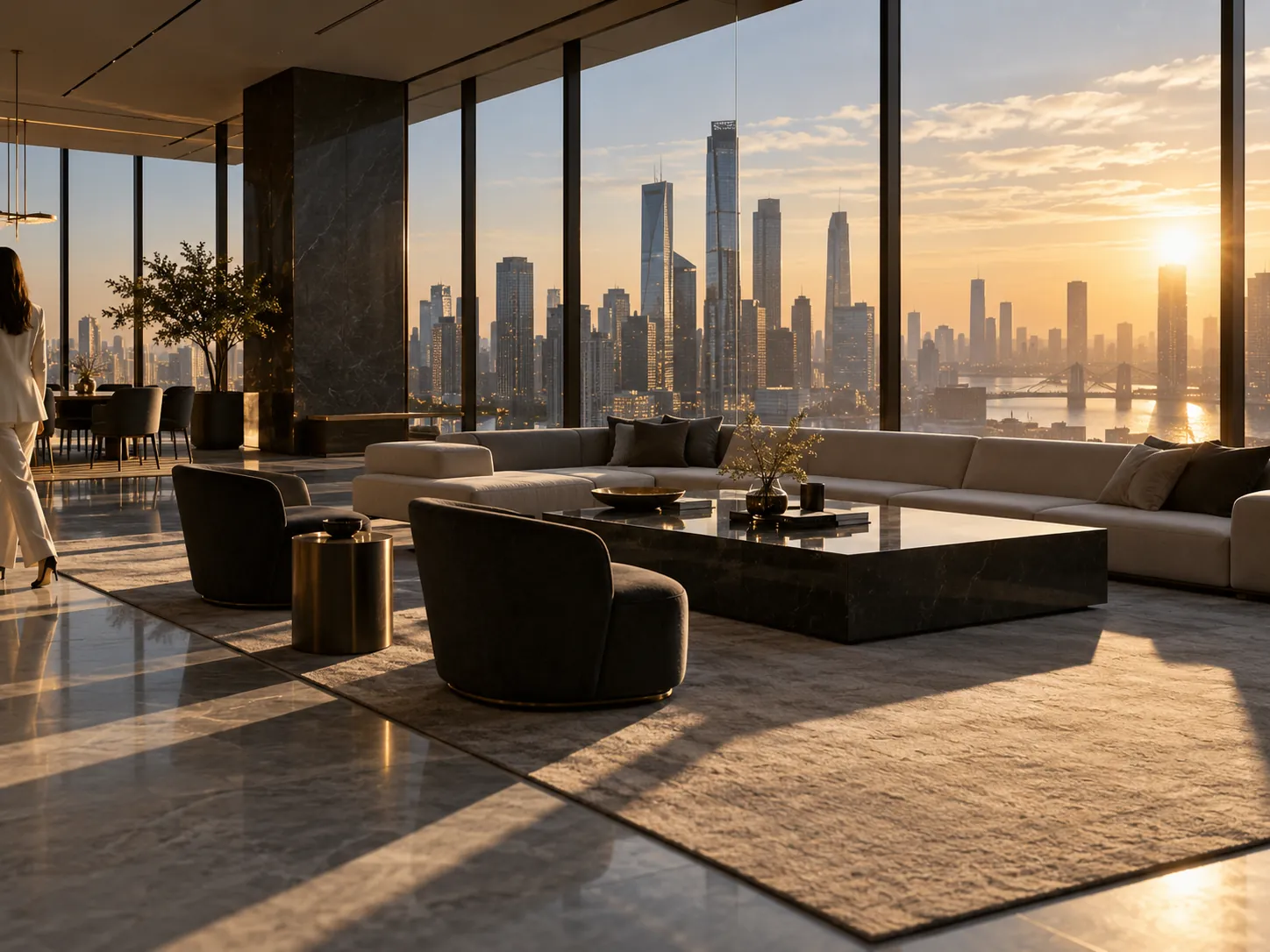 An office lounge with a city view