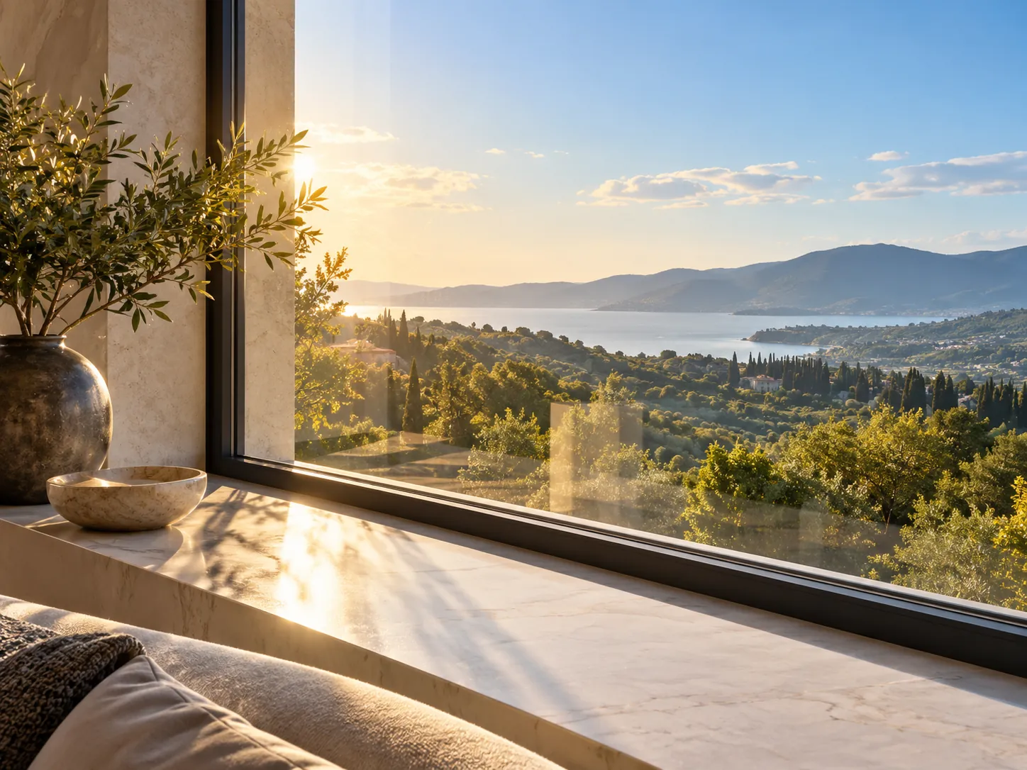 A window framing hills and sea, sunlight across a sill
