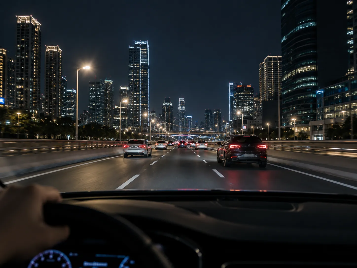 A night road with city lights