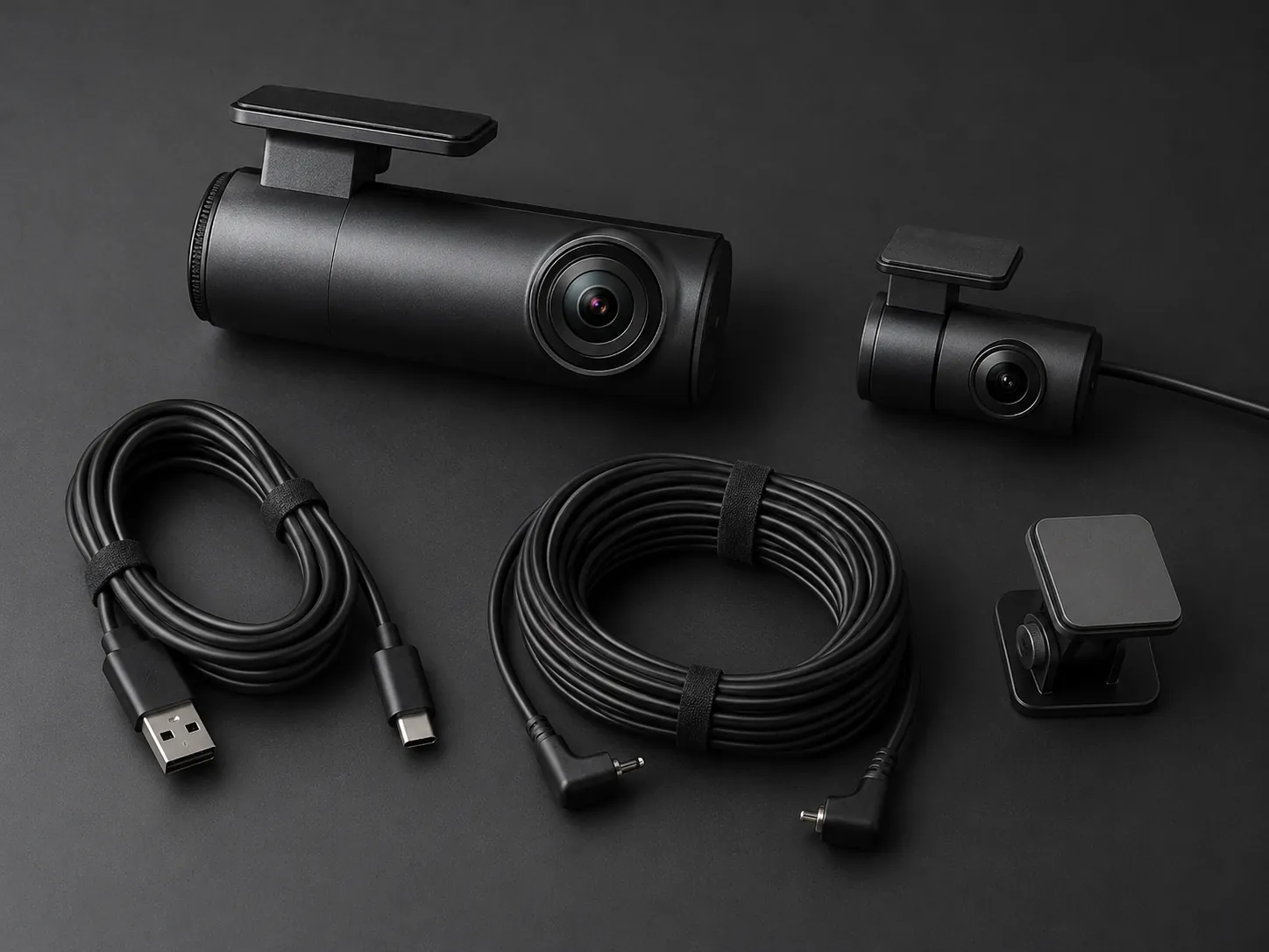 Dash cam, rear camera, cables and mounts laid out