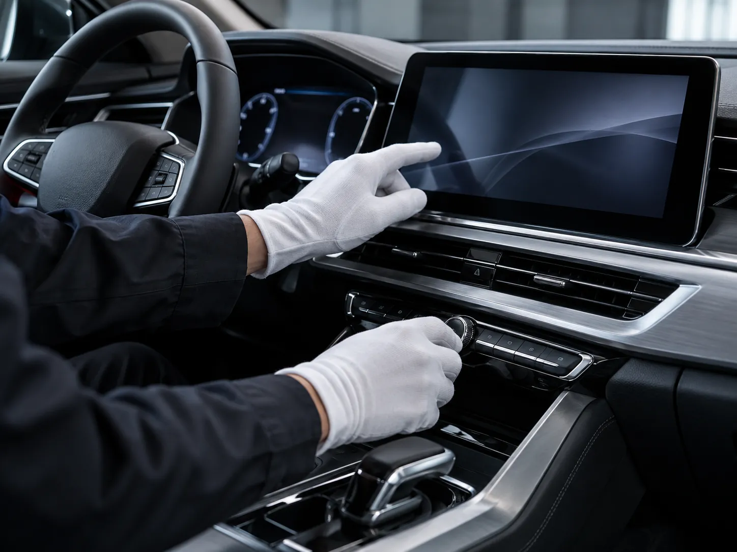 Gloved hands checking a display