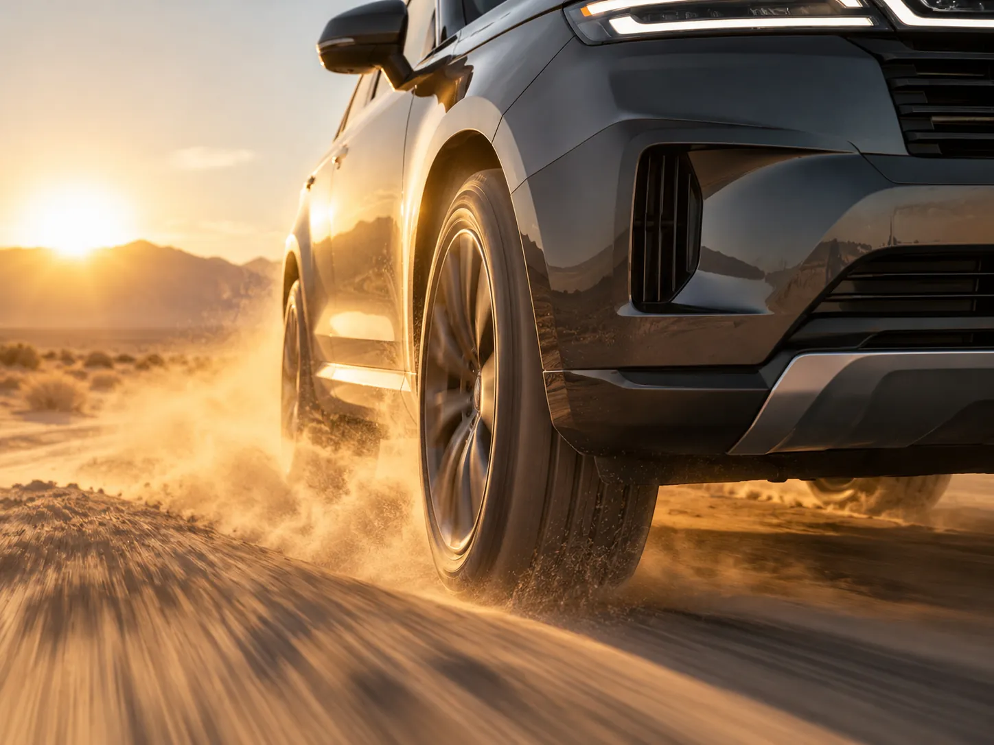 An SUV front end in a sandstorm