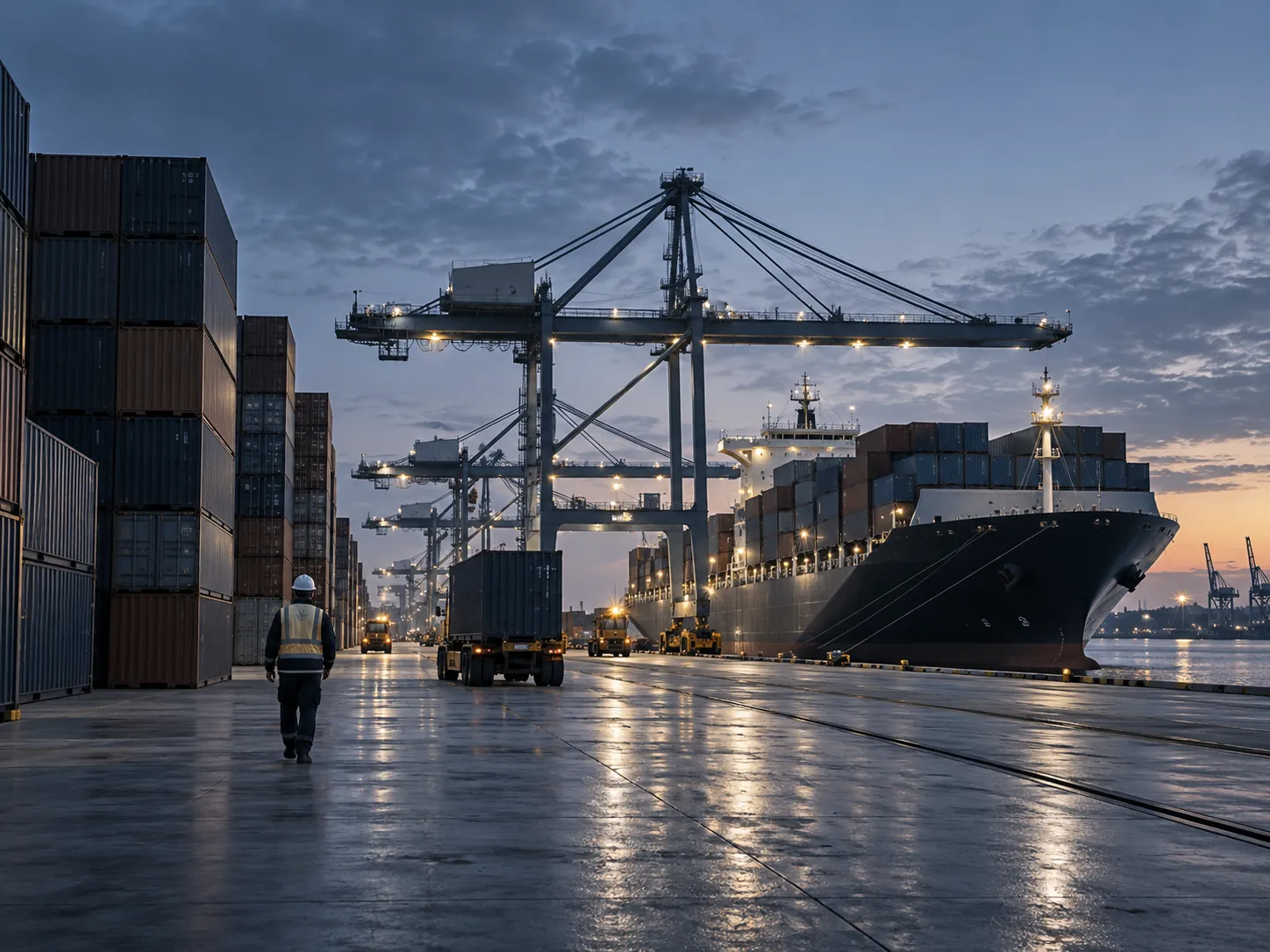 A container port at dusk
