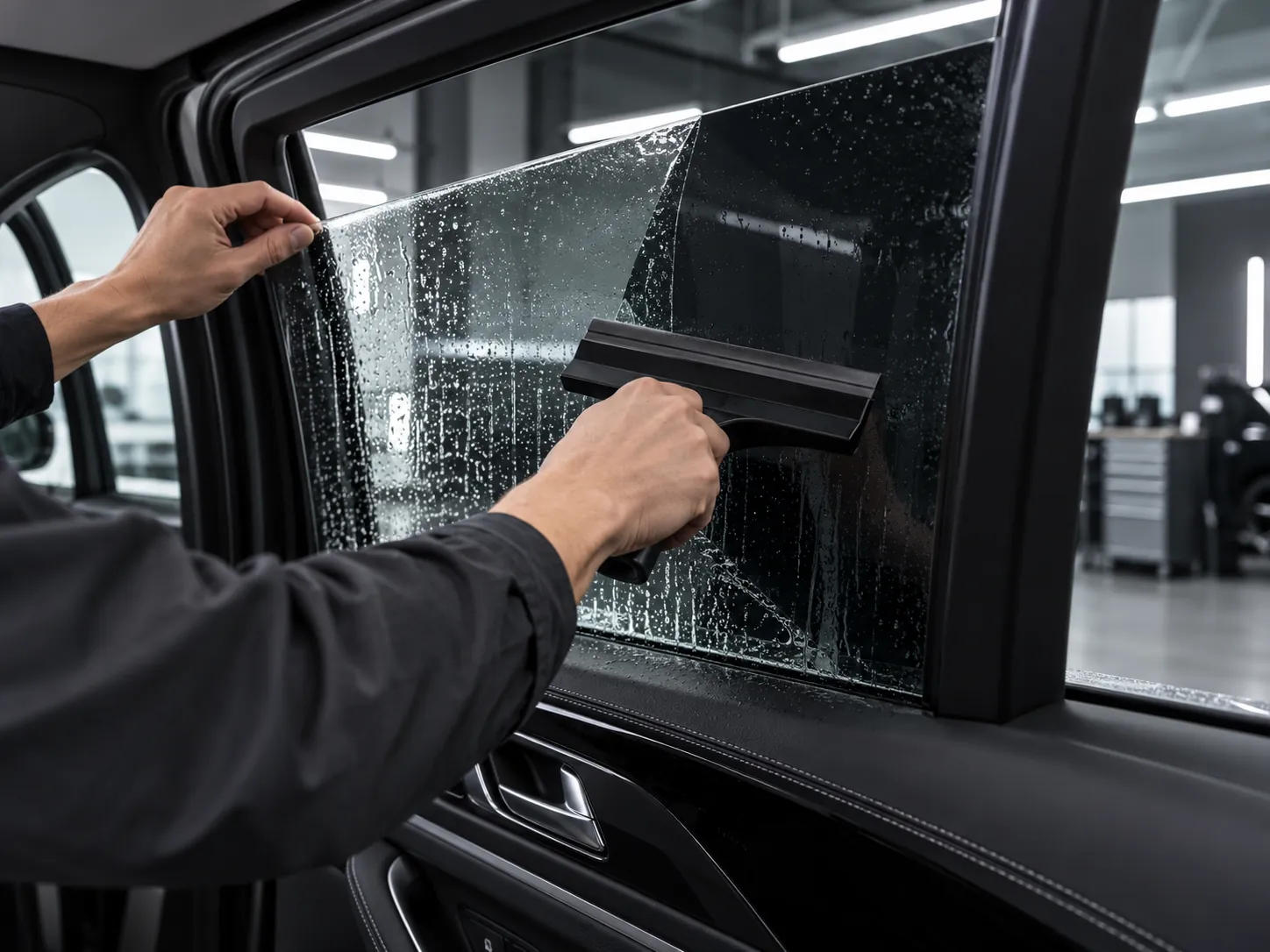 An installer applying film to a side window