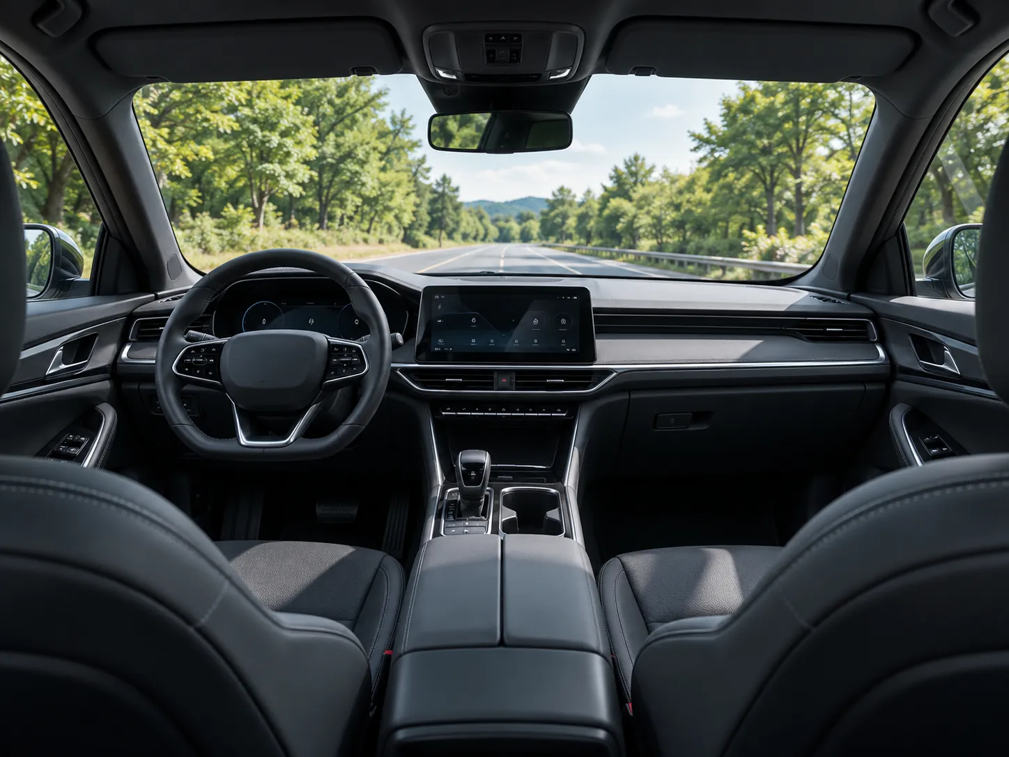 A calm car interior seen through tinted glass